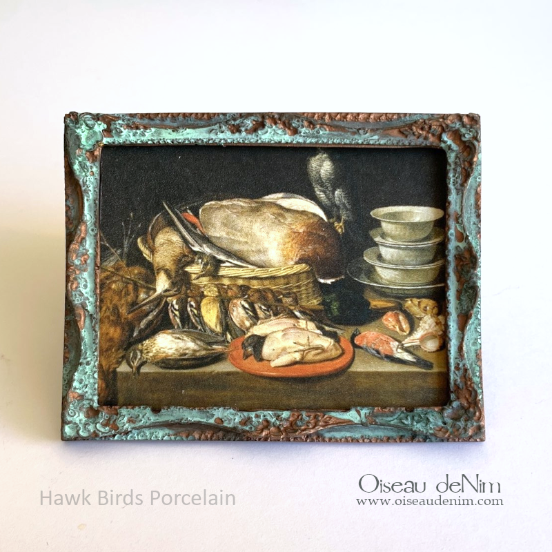 Miniature Painting Prints Picture Frame Hawk Birds Porcelain & Shells